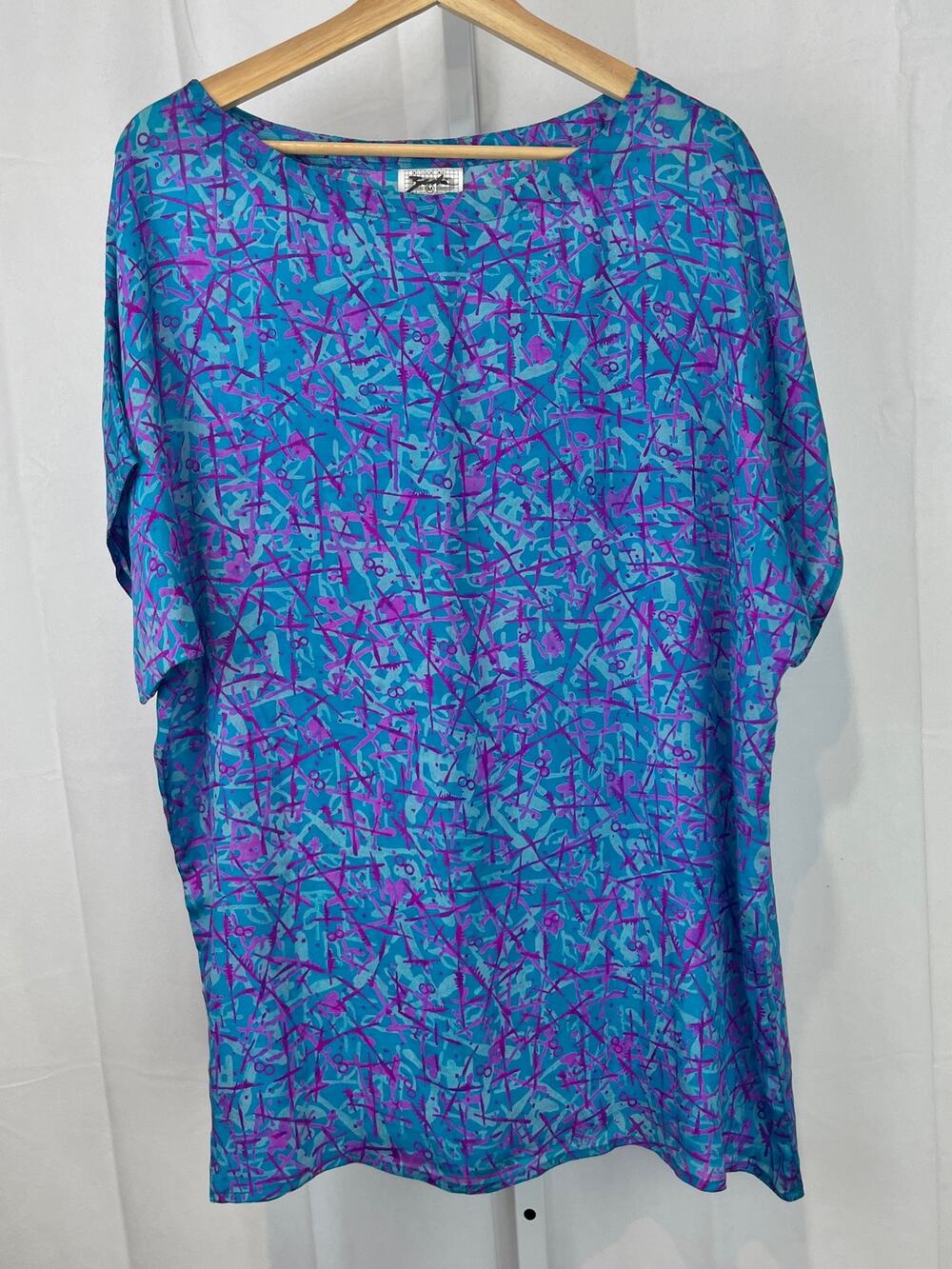 SILKS BY ZACK LTD India Printed Pullover Tunic Top Short Sleeve Teal Purple M